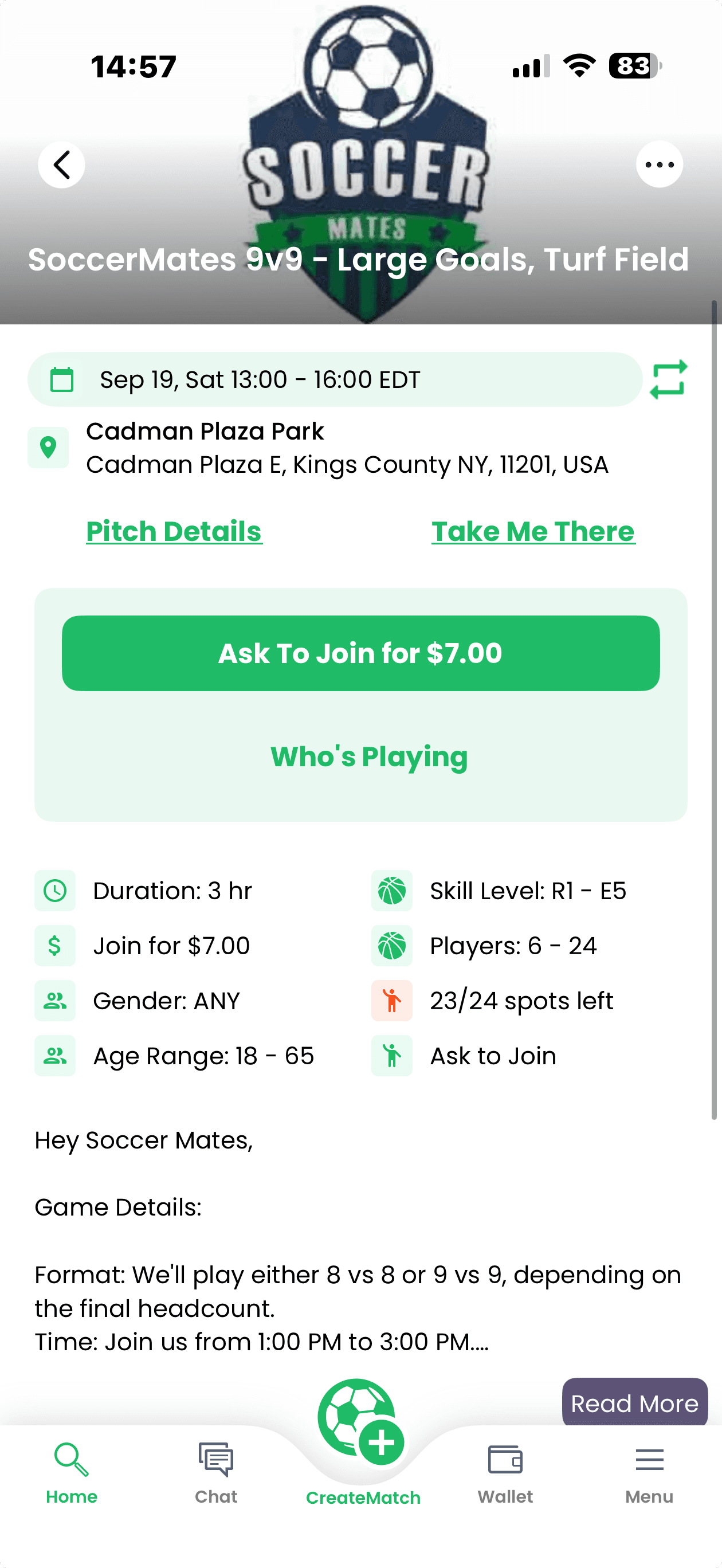 WOOOBA match detail for SoccerMates 9v9 at Cadman Plaza with Ask To Join button